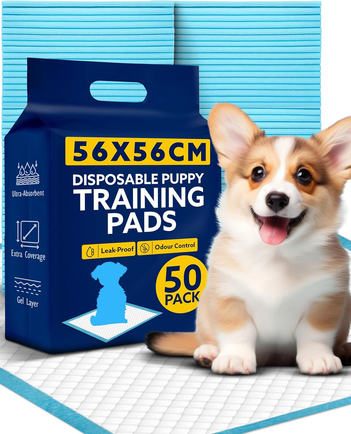 Puppy Pads 50 Pack, Super Absorbent Large Training Pads, Leak-Proof Heavy Duty Dog Pads, Puppy Training Pads (56 X 56Cm)