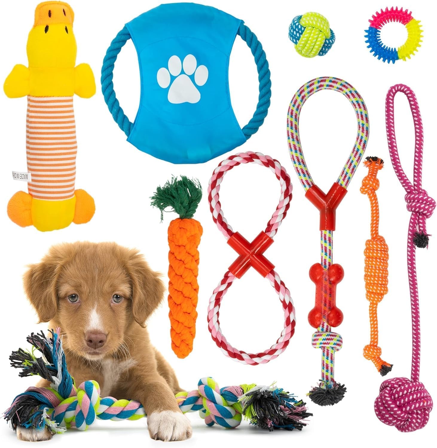 Dog Chew Toys (10-Pack) - Puppy Toys for Boredom - Indestructible Rope & Squeaky Teething Toys for Small & Medium Dogs