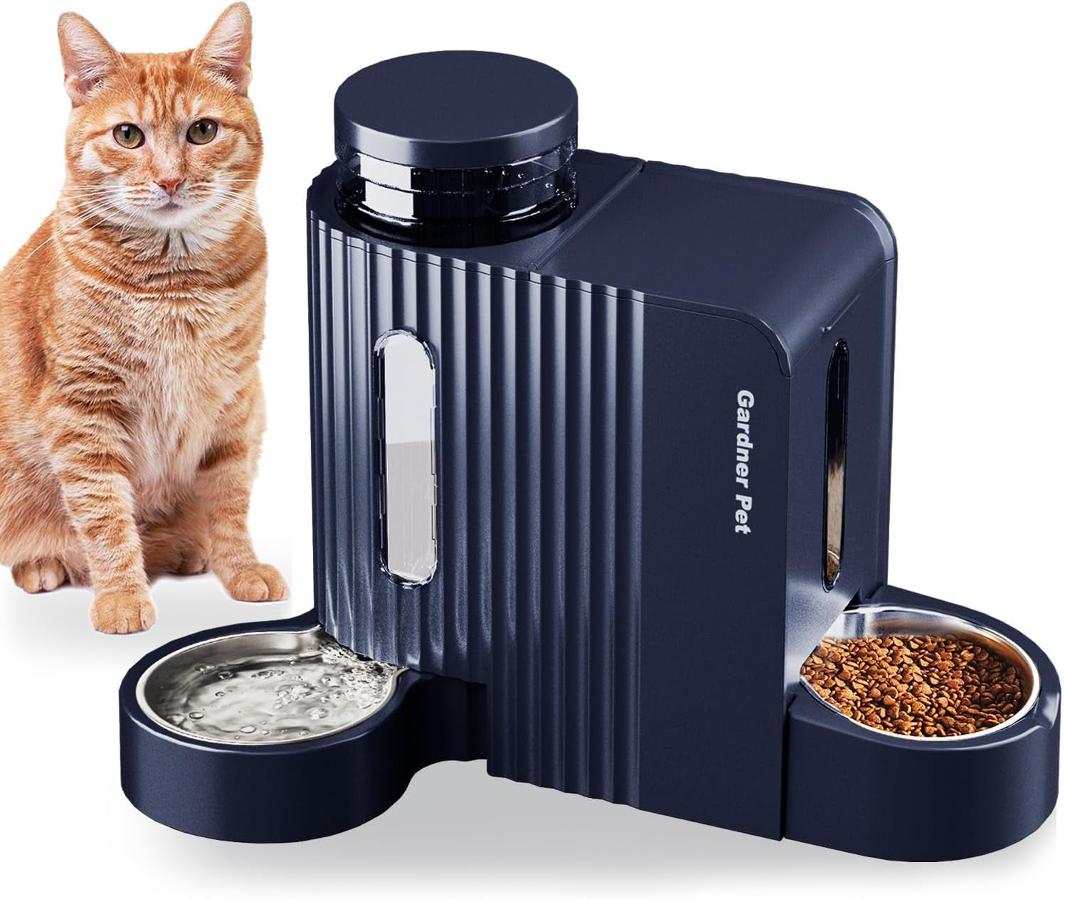 2 in 1 Automatic Cat Feeder and Water Dispenser 3L*2, Cat Bowls with Stainless Steel Bowl, Gravity Dog Water Dispenser, 100% Bpa-Free, No Electricity Required, Dark Blue