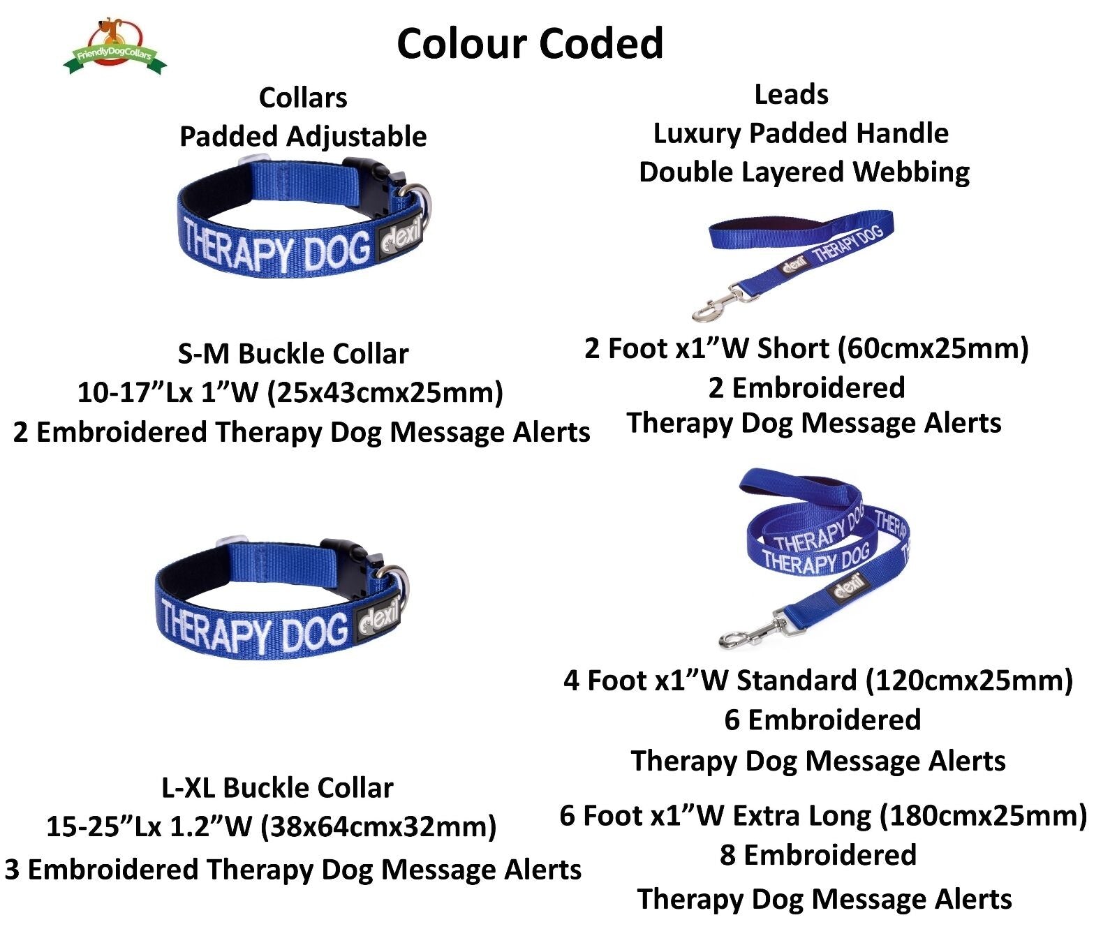 Colour Coded Blue THERAPY DOG Lead Leash Heavy Duty or Collars S-M L-XL XX New