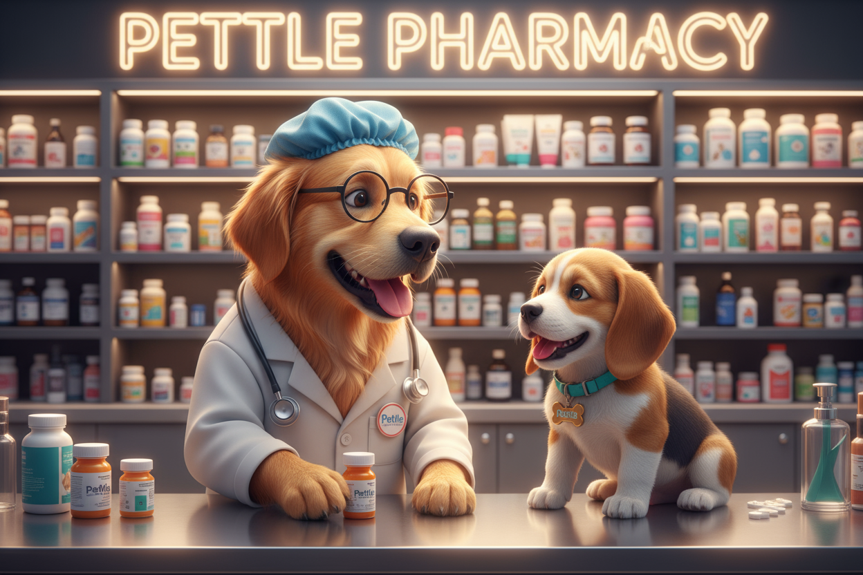 add a surgeon hat for the doctor dog and a little collar for the puppy with the writing pettle as a charm, also on the doctor's coat write pettle as a badge, and it's pettle pharmacy as a name for the pharmacy background name