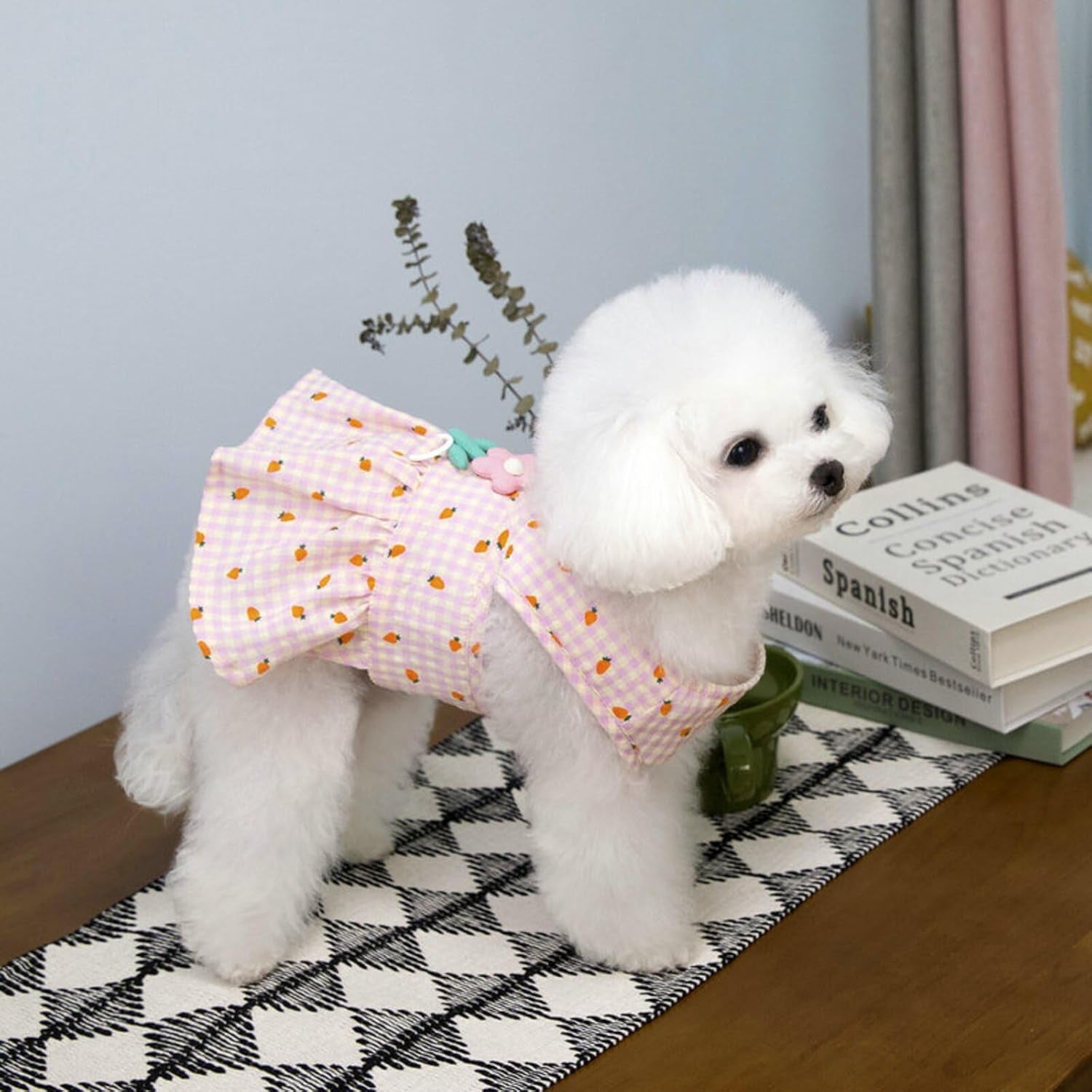 Adorable Checkered Pet Dress with Flower Decoration for Small Dogs and Cats