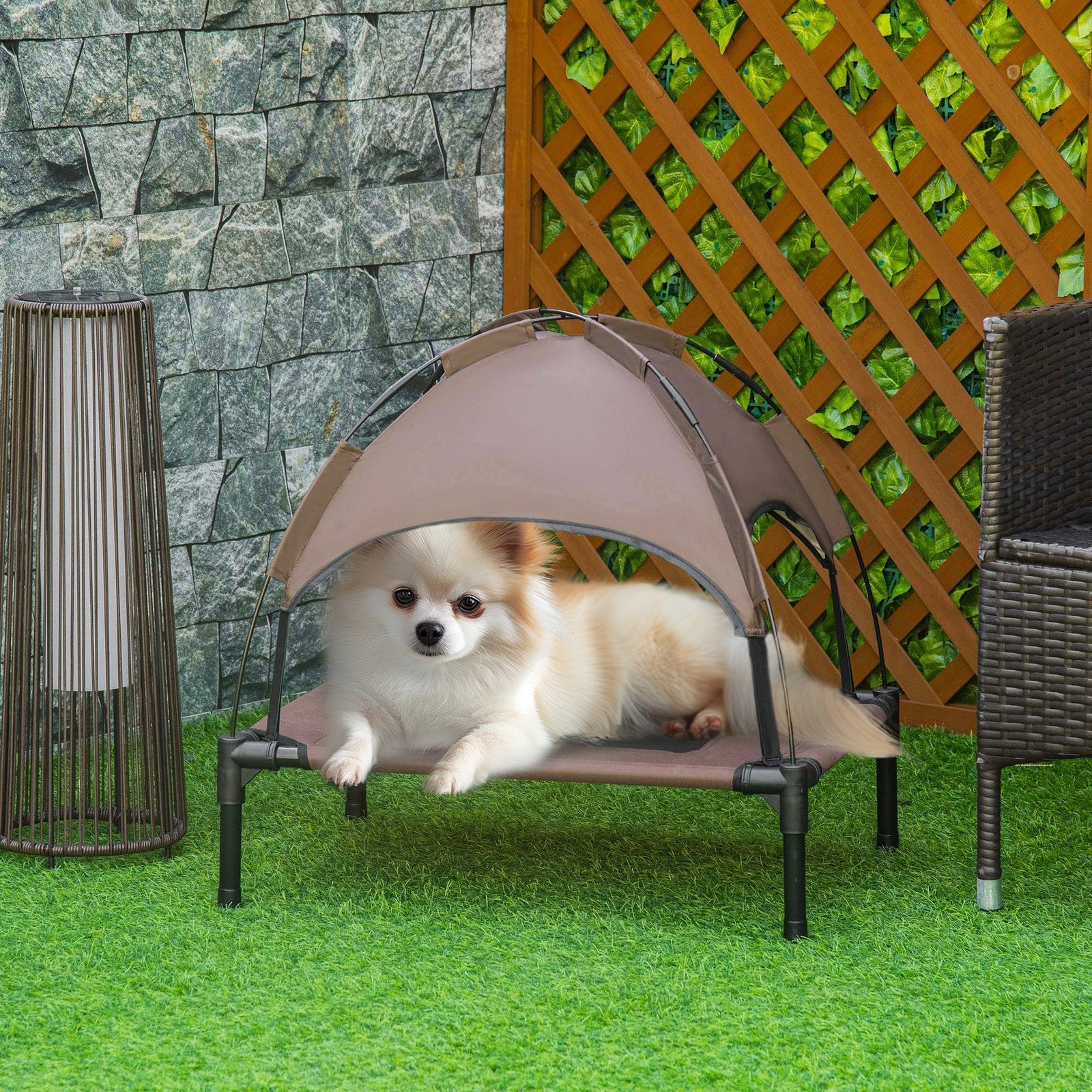 Pawhut 61 Cm Elevated Dog Bed Cooling Raised Pet Cot UV Protection Canopy Brown