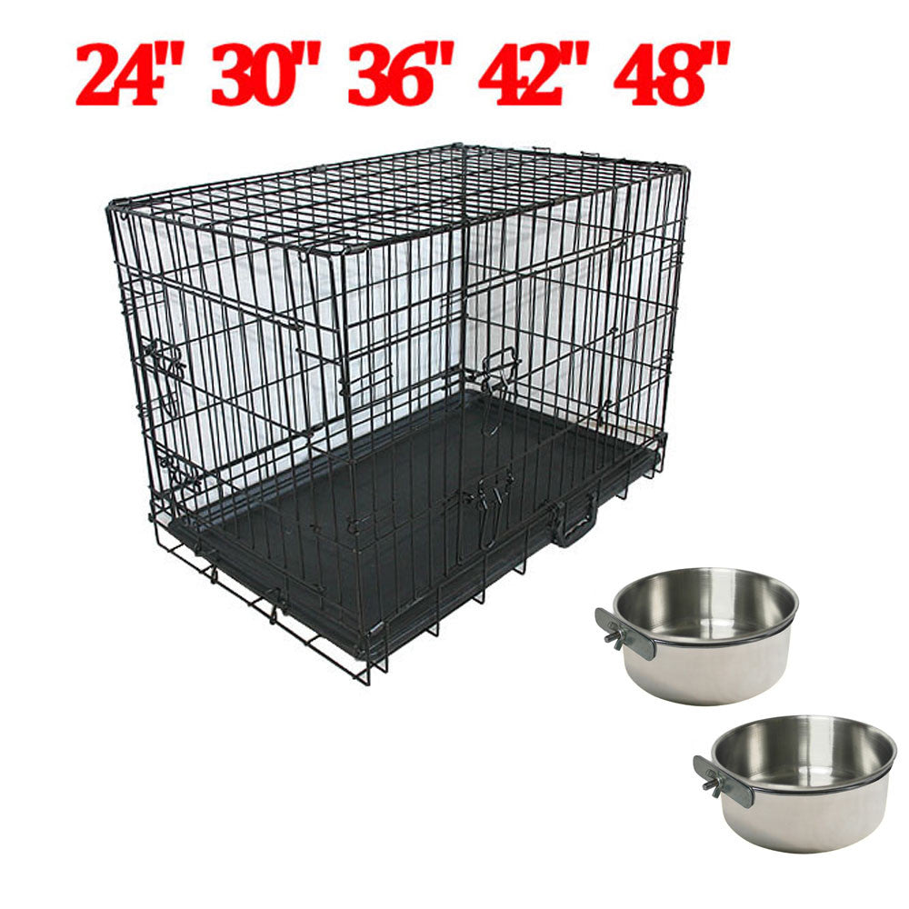 Metal Dog Cage Crate Puppy Pet Carrier Training Folding Carrier Feeding Bowls