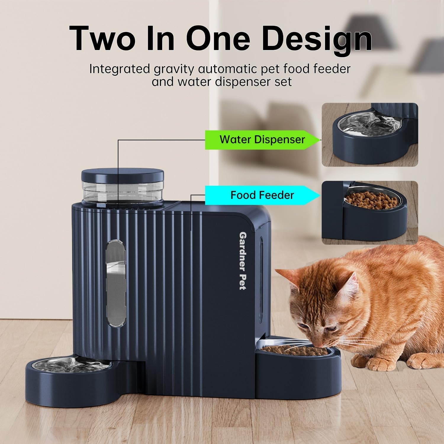 2 in 1 Automatic Cat Feeder and Water Dispenser 3L*2, Cat Bowls with Stainless Steel Bowl, Gravity Dog Water Dispenser, 100% Bpa-Free, No Electricity Required, Dark Blue