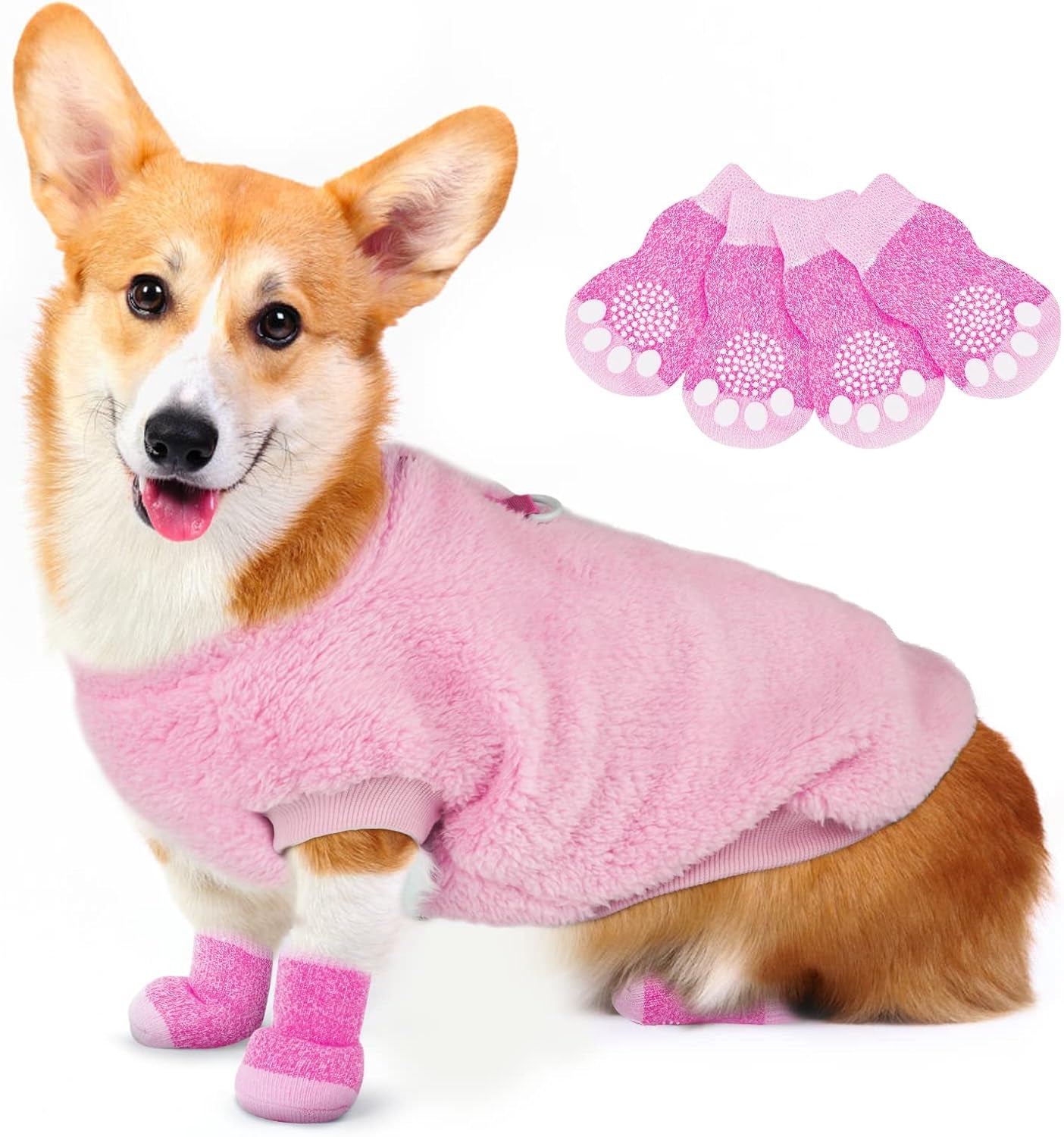 Dog Sweater, Fashion Pet Winter Clothes Socks Set, Soft Warm Dog Cat Jumper, Fleece Chihuahua Sweatshirt Pet Paw Protector, Pets Winter Supplies for Puppy Small Medium Large Dogs (Pink, L)