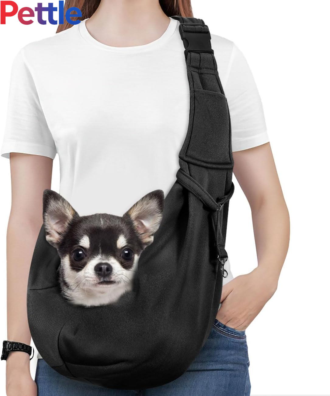 Small Dog Sling Carrier, Reversible Hands Free Dog Sling Carriers for Small Dogs and Cats, Puppy Slings Carrier with Adjustable Strap Buckle & Safety Harness, Puppy Essentials, Black