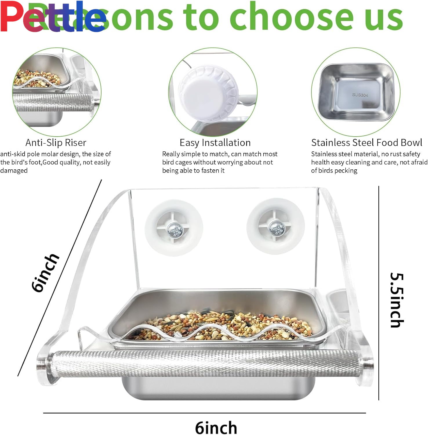 Bird Feeder for Cage,Transparent Bird Feeders, Bird Feeder with Anti-Slip Stand, Stainless Steel Bird Bowls Parakeet Feeder,For Parakeet, Psittacus Erithacus, Lovebirds,Budgies, Transparency