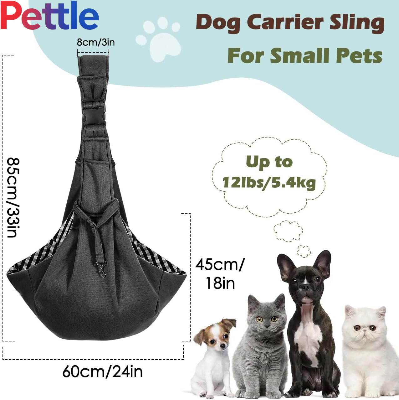 Small Dog Sling Carrier, Reversible Hands Free Dog Sling Carriers for Small Dogs and Cats, Puppy Slings Carrier with Adjustable Strap Buckle & Safety Harness, Puppy Essentials, Black