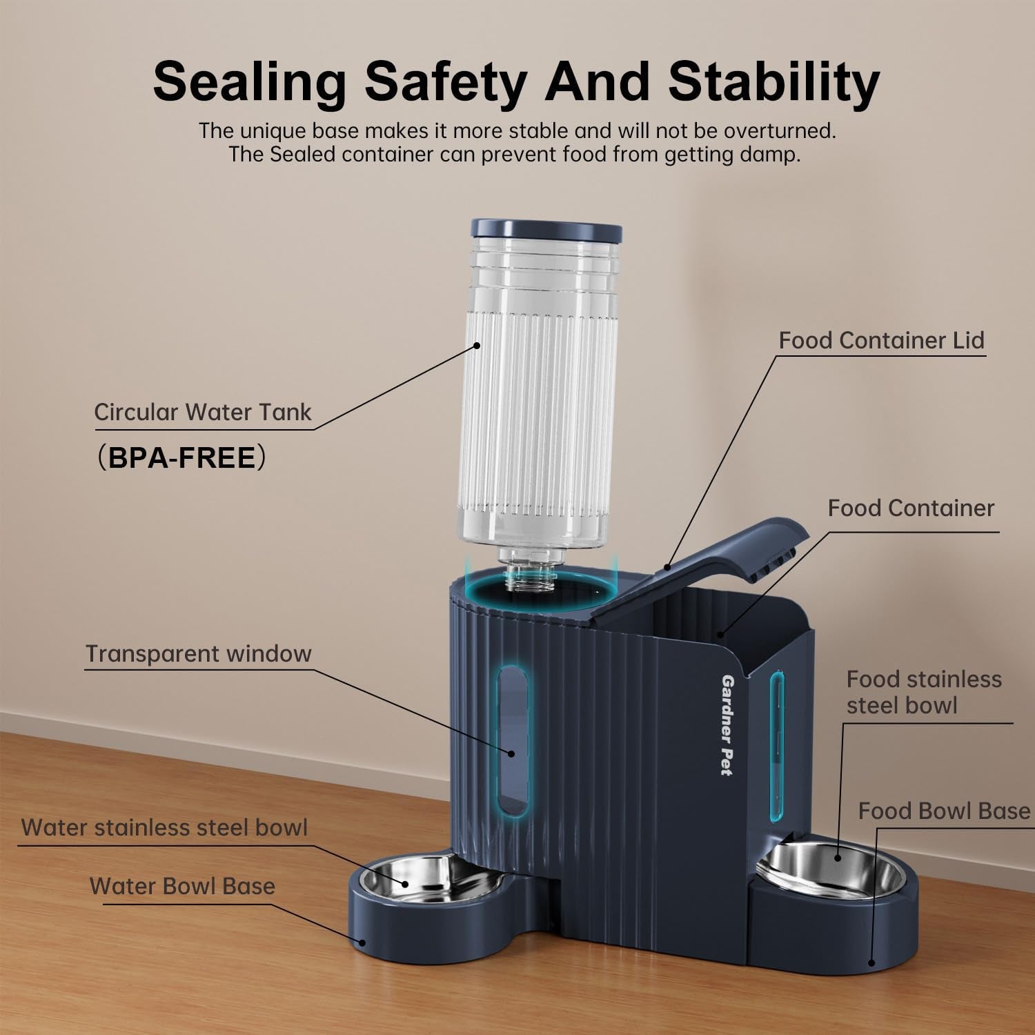 2 in 1 Automatic Cat Feeder and Water Dispenser 3L*2, Cat Bowls with Stainless Steel Bowl, Gravity Dog Water Dispenser, 100% Bpa-Free, No Electricity Required, Dark Blue