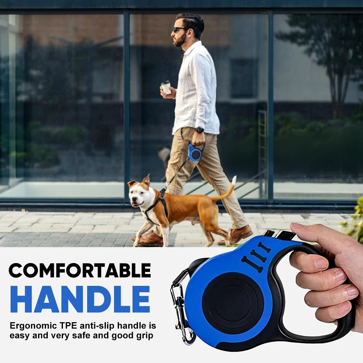 Automatic Retractable Dog Leash 16.5 Ft, anti Slip Handle, Durable Nylon with One-Button Control, Great for Outdoor Walks or Travel with Small and Medium Pets,Blue