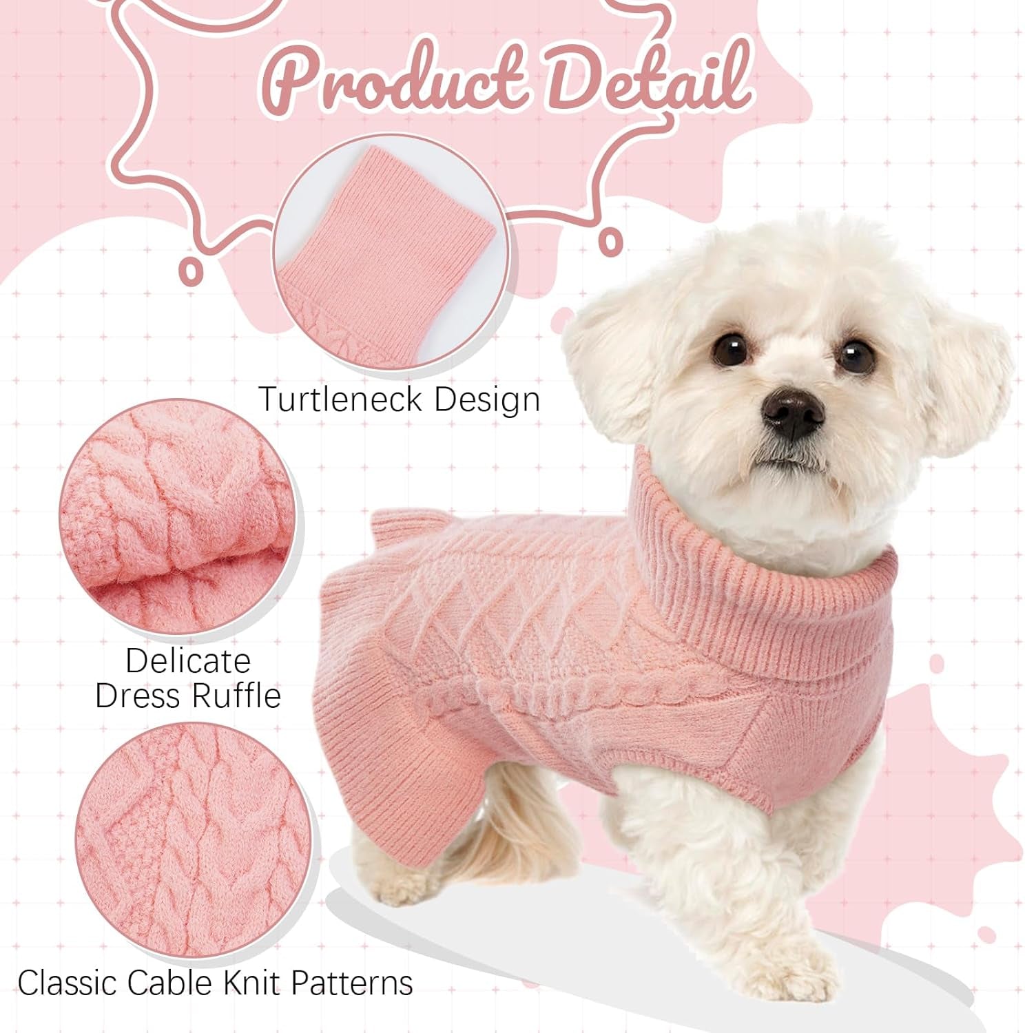 Large Dog Sweater Dress, Puppy Jumper Dog Sweaters for Girls Turtleneck Warm Knitwear Fall Dog Pullover Dress Knit Sweaters for Large Dogs Vest Pet Sweater, Dachshund, Shih Tzu, Pink, L