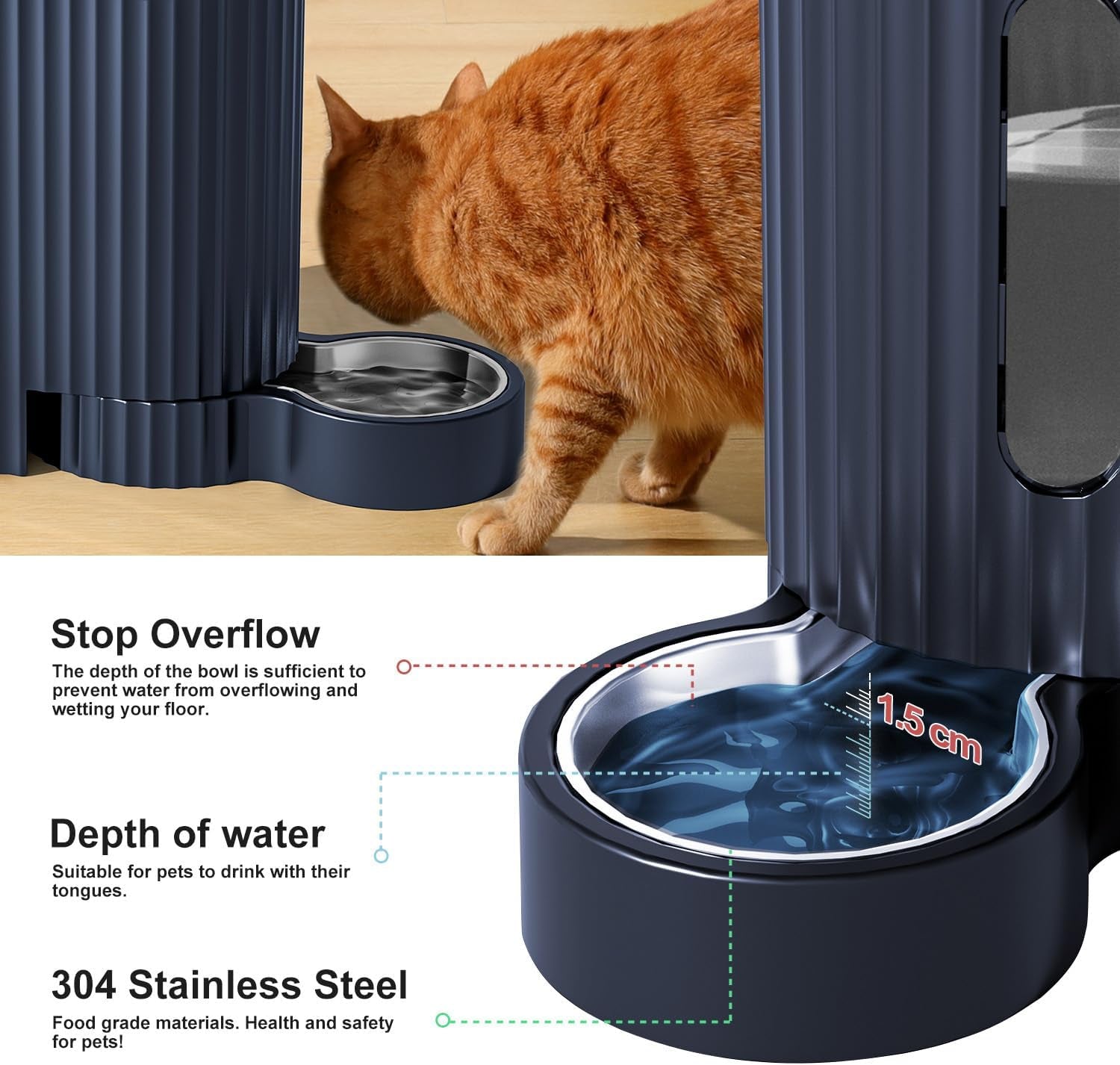2 in 1 Automatic Cat Feeder and Water Dispenser 3L*2, Cat Bowls with Stainless Steel Bowl, Gravity Dog Water Dispenser, 100% Bpa-Free, No Electricity Required, Dark Blue