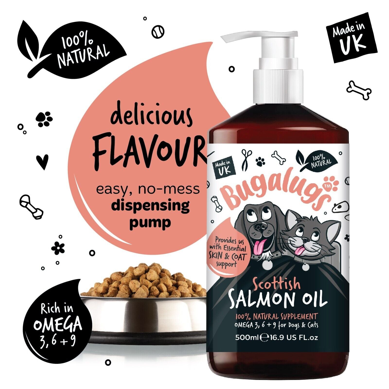 Bugalugs Dog Salmon Oil 100% Pure Dogs, Cats & Pets 500Ml, Healthy Skin & Coat