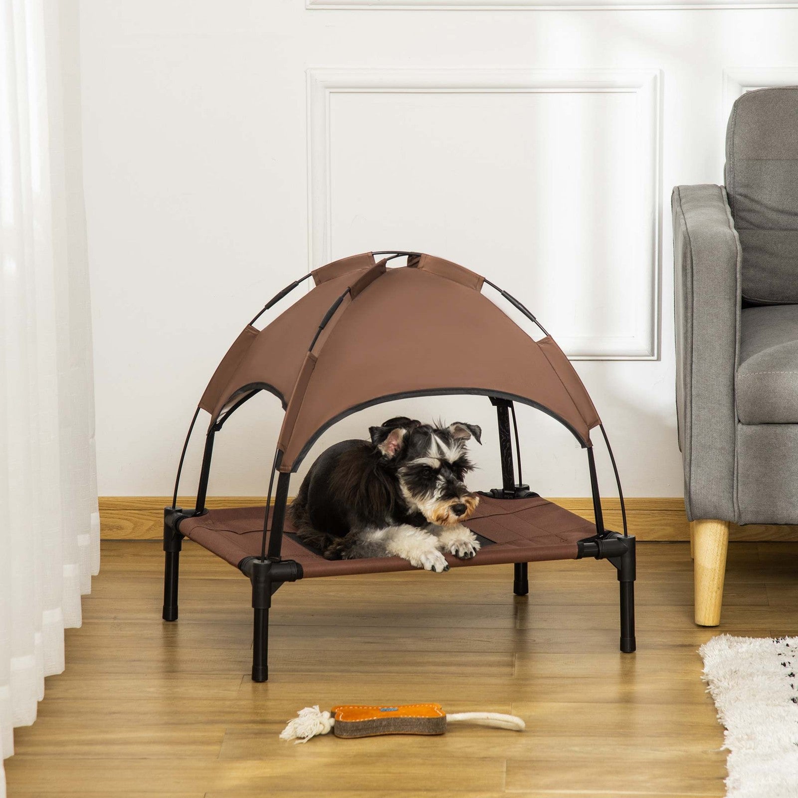 Pawhut 61 Cm Elevated Dog Bed Cooling Raised Pet Cot UV Protection Canopy Brown