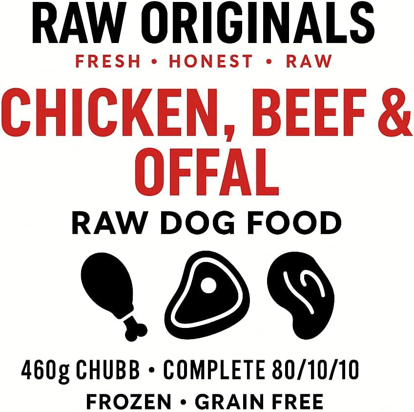 Raw Originals Chicken, Beef & Offal (CBO) Raw Dog Food Mince – 21Kg 46-460G Frozen Chubb Roll, Natural 80/10/10 Complete Meal, Grain Free, UK Made
