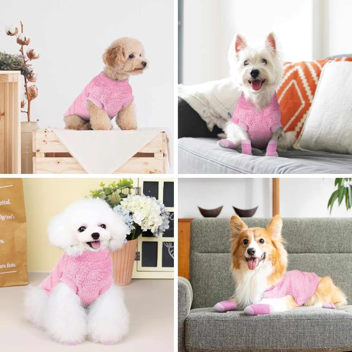 Dog Sweater, Fashion Pet Winter Clothes Socks Set, Soft Warm Dog Cat Jumper, Fleece Chihuahua Sweatshirt Pet Paw Protector, Pets Winter Supplies for Puppy Small Medium Large Dogs (Pink, L)