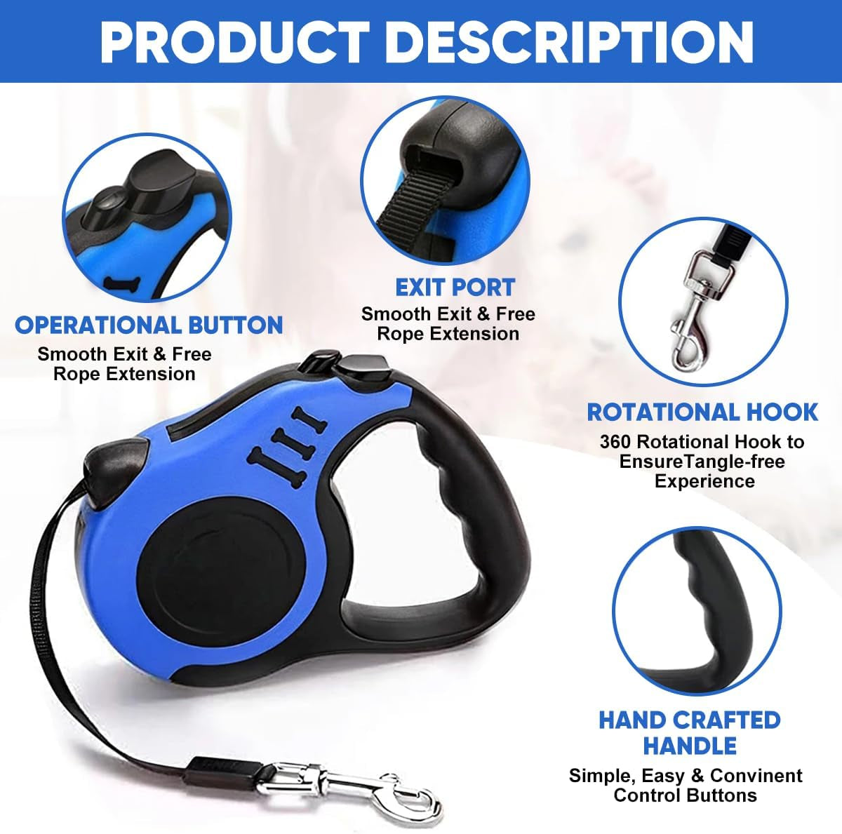 Automatic Retractable Dog Leash 16.5 Ft, anti Slip Handle, Durable Nylon with One-Button Control, Great for Outdoor Walks or Travel with Small and Medium Pets,Blue