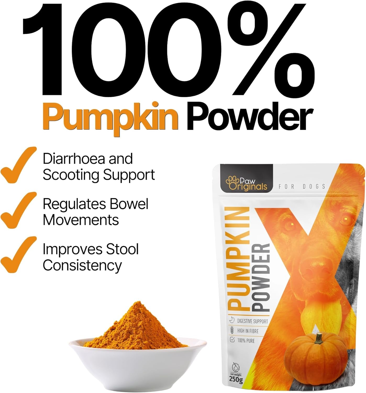Pumpkin X by  – 100% Pure Pumpkin Powder for Dogs 250G | Natural Digestive Supplement & High Fibre Topper | Firm Stools, Gut Health, Anal Gland Support, Make into Puree