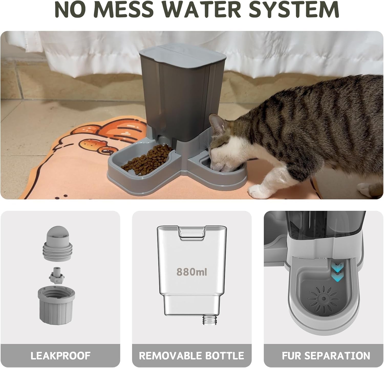 Automatic Cat Food Dispenser, 2 in 1 Detachable Gravity Feeding and Water Dispenser for Cats and Small Dogs (Grey)