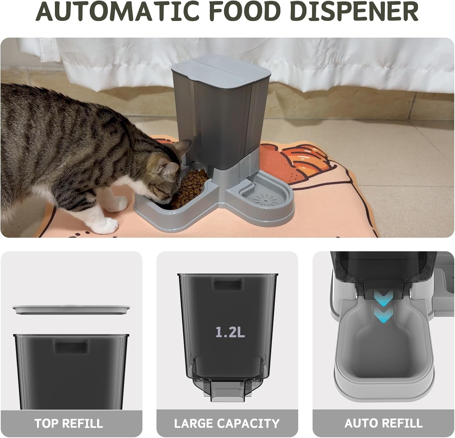 Automatic Cat Food Dispenser, 2 in 1 Detachable Gravity Feeding and Water Dispenser for Cats and Small Dogs (Grey)