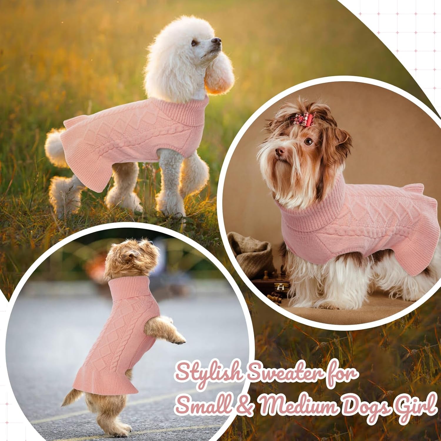 Large Dog Sweater Dress, Puppy Jumper Dog Sweaters for Girls Turtleneck Warm Knitwear Fall Dog Pullover Dress Knit Sweaters for Large Dogs Vest Pet Sweater, Dachshund, Shih Tzu, Pink, L