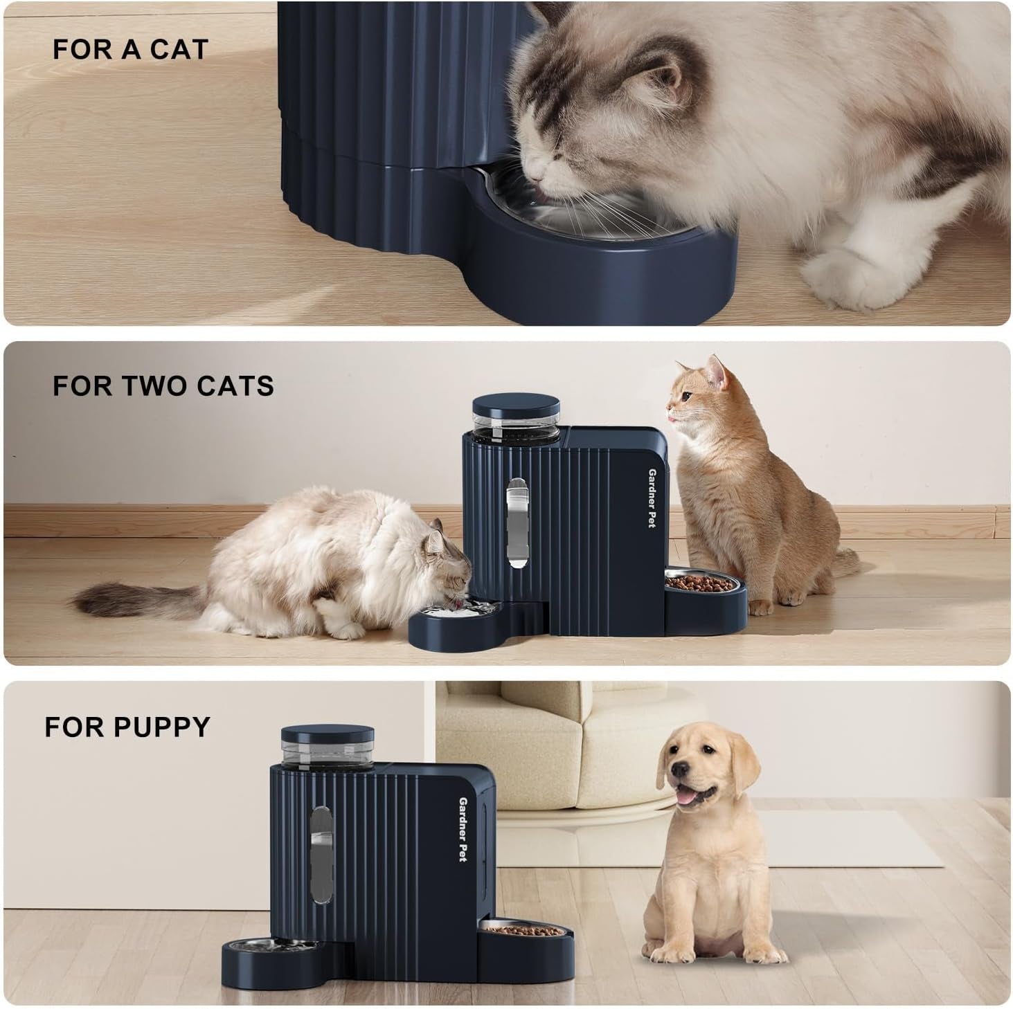 2 in 1 Automatic Cat Feeder and Water Dispenser 3L*2, Cat Bowls with Stainless Steel Bowl, Gravity Dog Water Dispenser, 100% Bpa-Free, No Electricity Required, Dark Blue