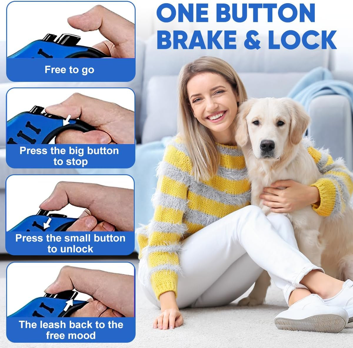 Automatic Retractable Dog Leash 16.5 Ft, anti Slip Handle, Durable Nylon with One-Button Control, Great for Outdoor Walks or Travel with Small and Medium Pets,Blue