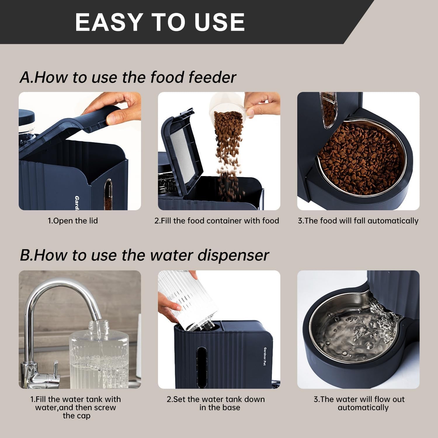 2 in 1 Automatic Cat Feeder and Water Dispenser 3L*2, Cat Bowls with Stainless Steel Bowl, Gravity Dog Water Dispenser, 100% Bpa-Free, No Electricity Required, Dark Blue