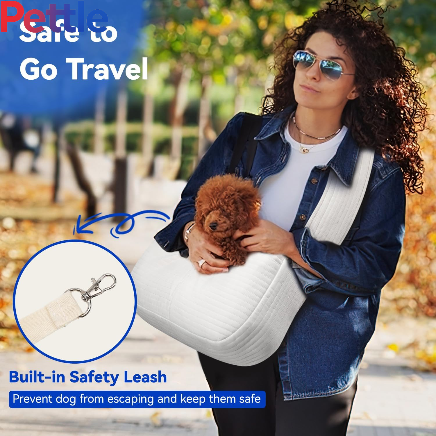 Dog Carrier Sling, Hand Free Dog Papoose Carriers with Widen Strap Safety Leash, Puppy Sling Pouch Carrier for Puppies & Cats, Dog Carrier Sling for Walk Trip Outdoors (Up to 10Lbs, White)