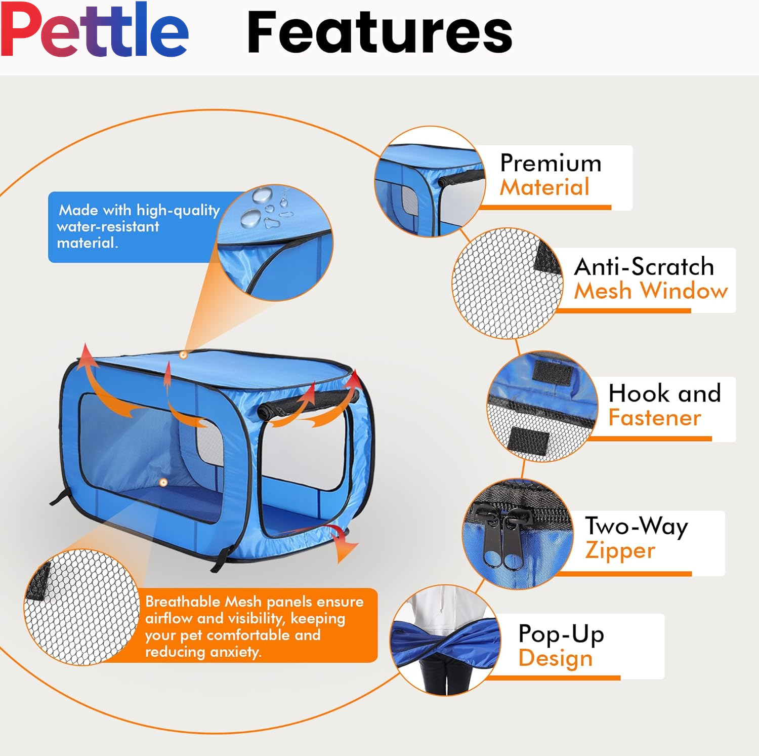 Portable, Collapsible, Pop up Travel Pet Kennel, 32.5" L X 19.5" W X 19.5" H, Blue