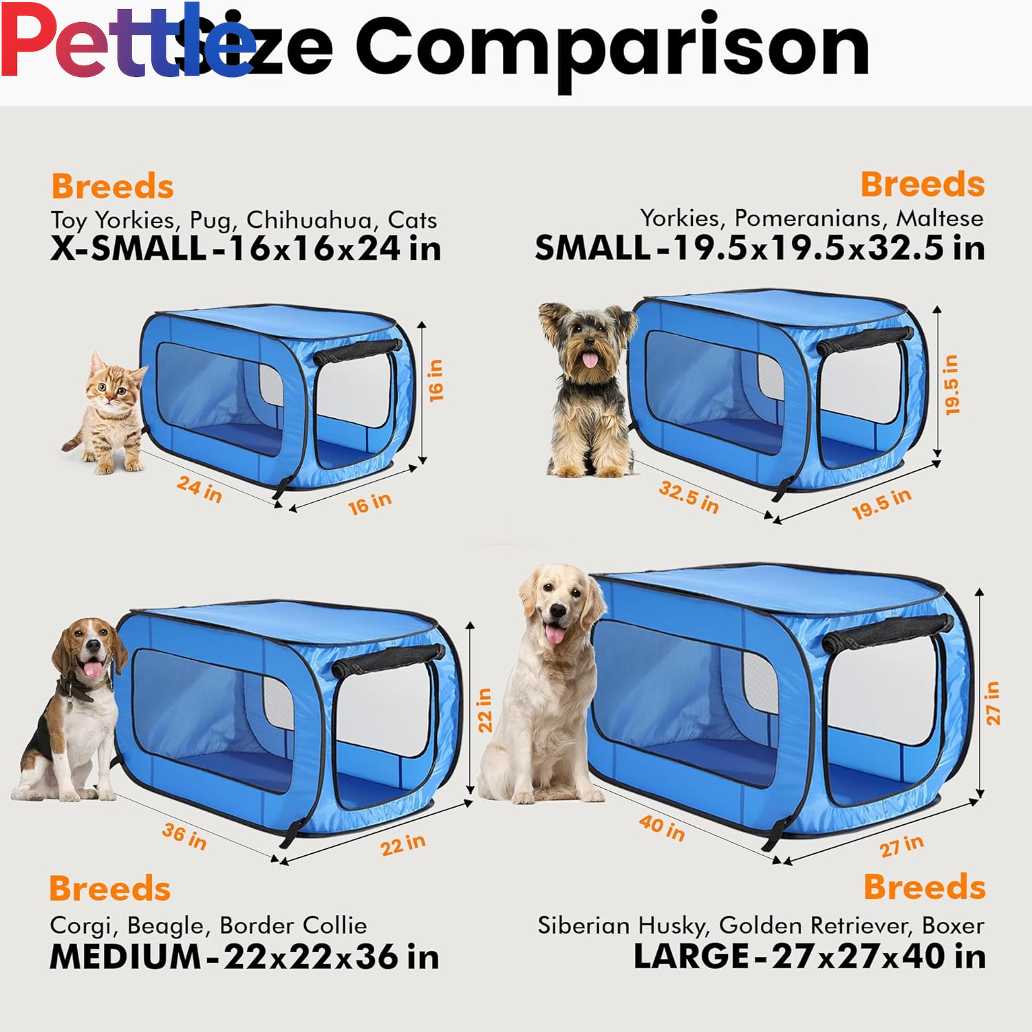 Portable, Collapsible, Pop up Travel Pet Kennel, 32.5" L X 19.5" W X 19.5" H, Blue