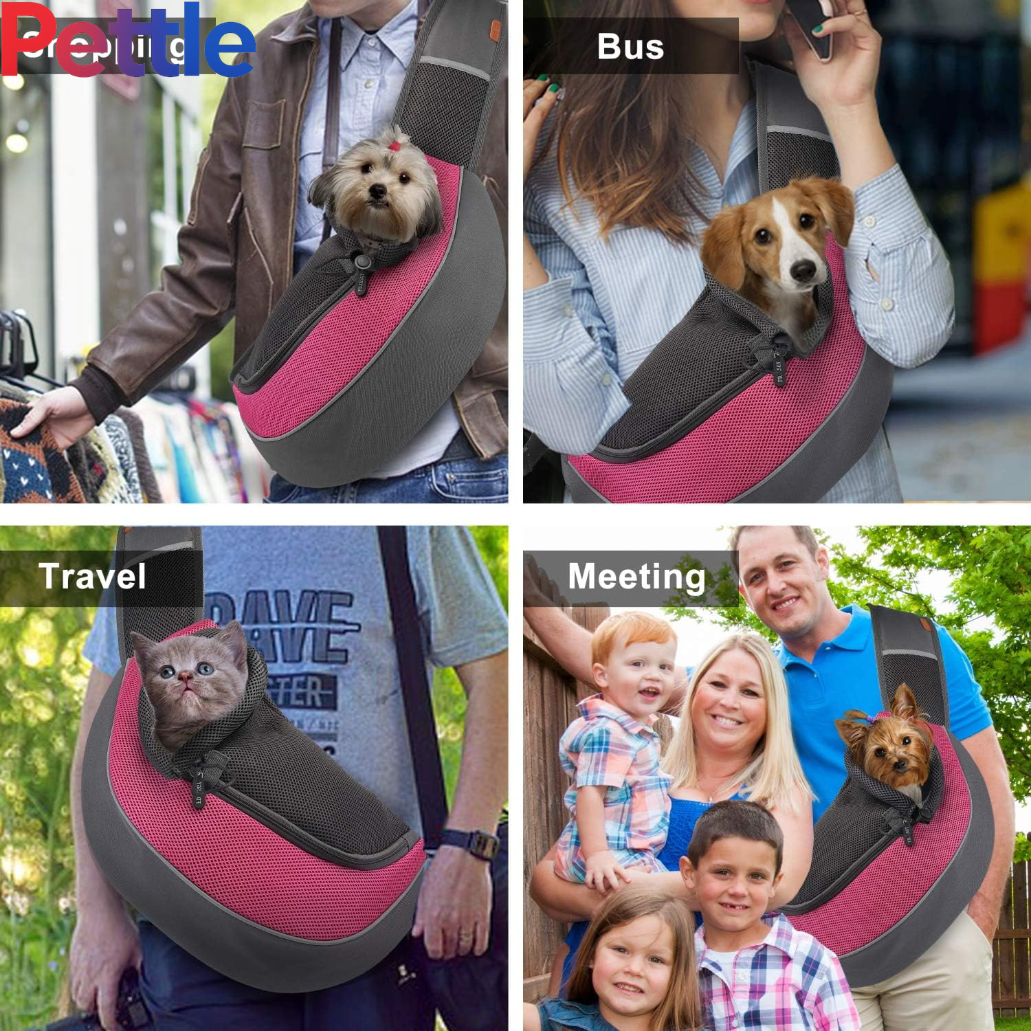 Pet Sling Carrier for Small Dogs Cats,Breathable Mesh Travelling Hand Free Puppy Backpack with Pouch and Adjustable Strap Carrier (M, Fuchsia)