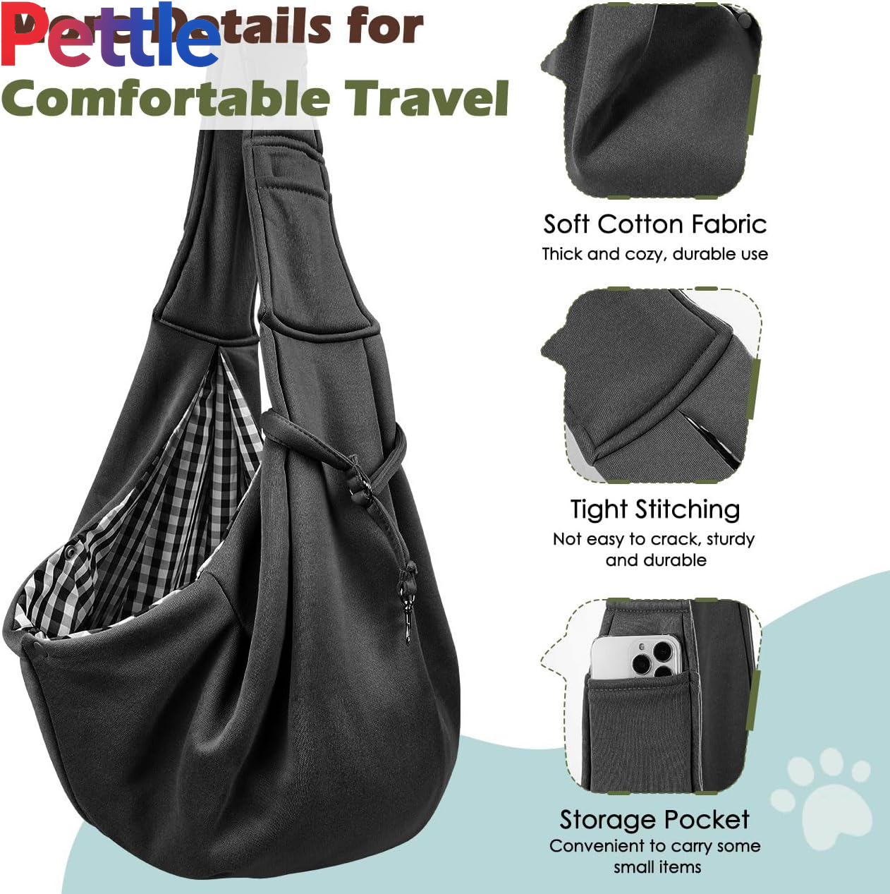 Small Dog Sling Carrier, Reversible Hands Free Dog Sling Carriers for Small Dogs and Cats, Puppy Slings Carrier with Adjustable Strap Buckle & Safety Harness, Puppy Essentials, Black