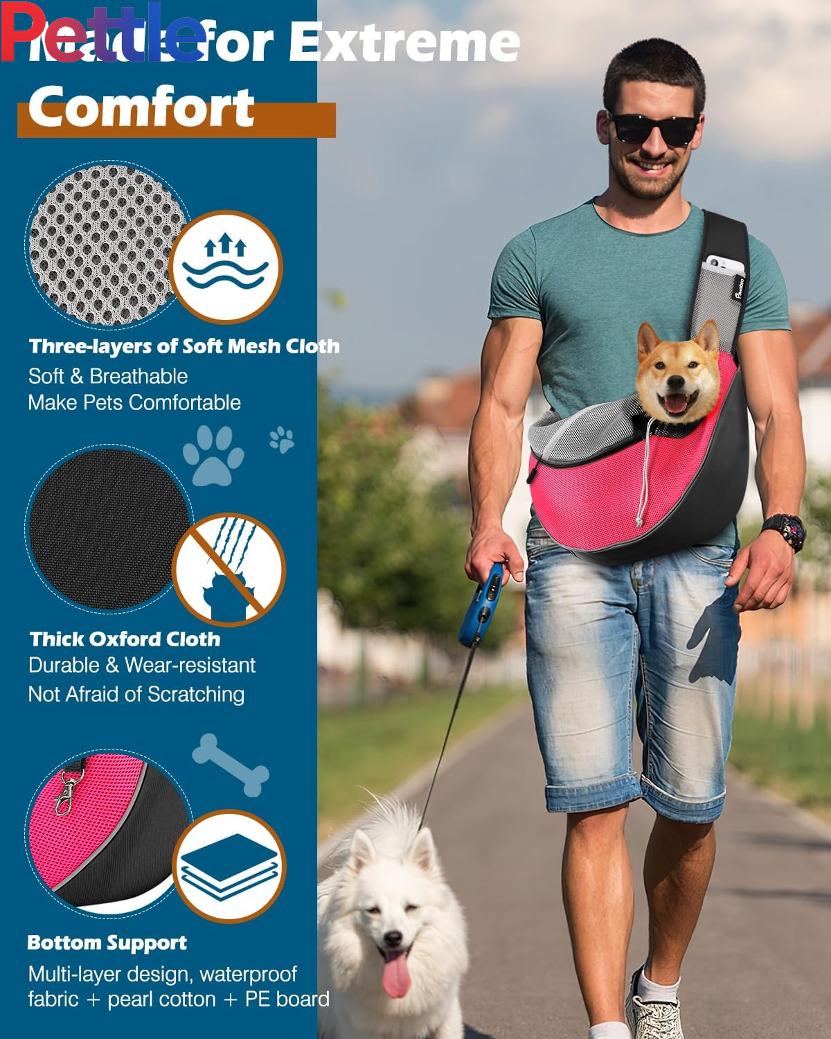 Dog Sling Carrier, Dog Papoose with Zipper Touch Pocket, Hand Free Breathable Mesh Puppy Carrier, Crossbody Satchel Dog Purse with Adjustable Strap for Outdoor Travel, Pink, Large
