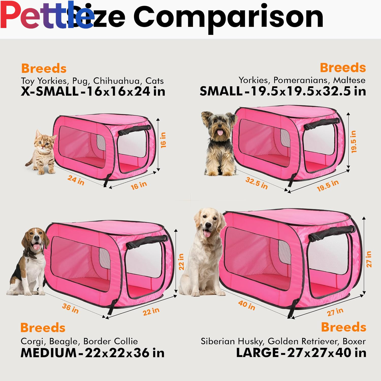 Portable, Collapsible, Pop up Kennel Travel Cat and Dog Crate, 32.5" L X 19.5" W X 19.5" H, Fuchsia