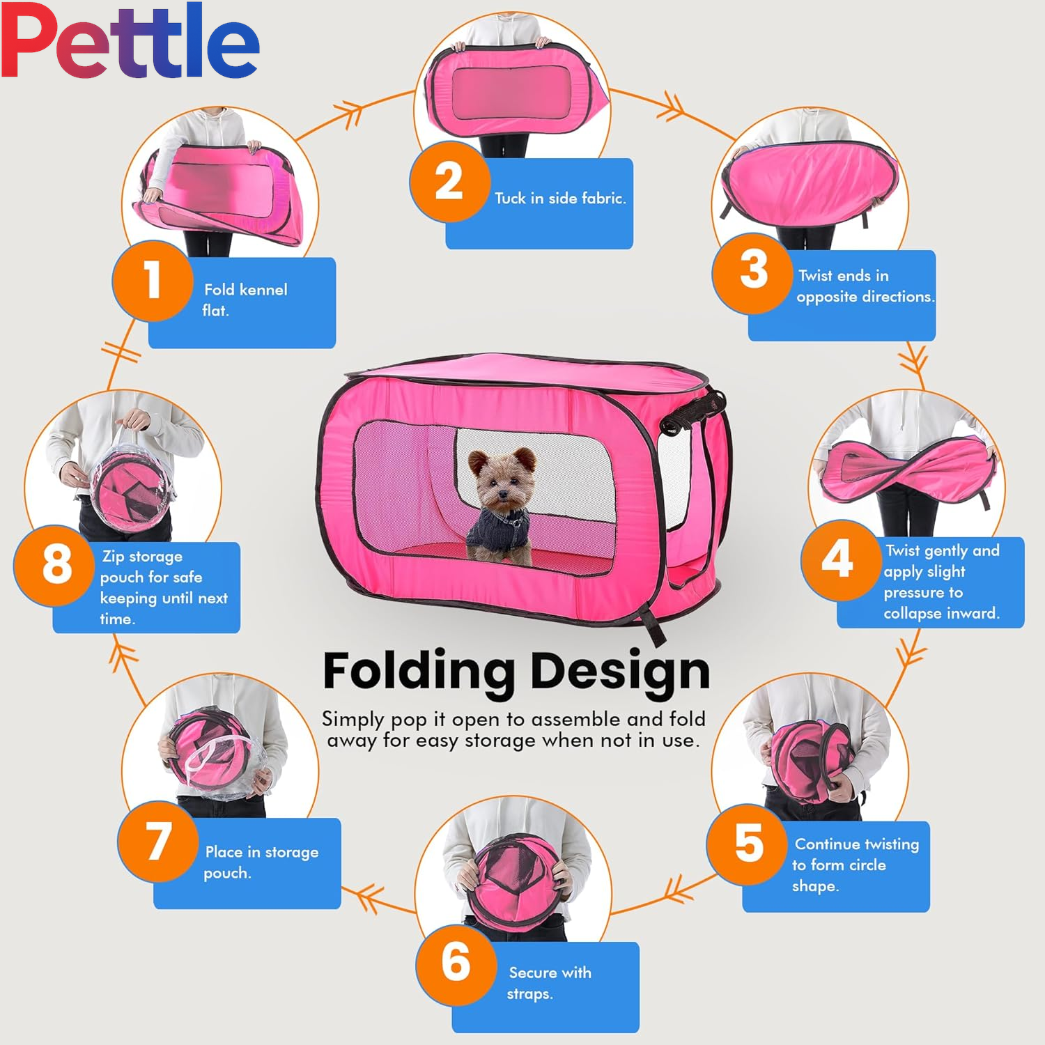 Portable, Collapsible, Pop up Kennel Travel Cat and Dog Crate, 32.5" L X 19.5" W X 19.5" H, Fuchsia