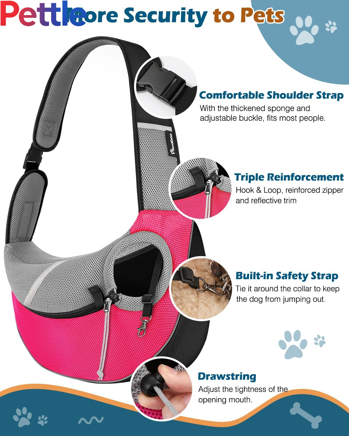 Dog Sling Carrier, Dog Papoose with Zipper Touch Pocket, Hand Free Breathable Mesh Puppy Carrier, Crossbody Satchel Dog Purse with Adjustable Strap for Outdoor Travel, Pink, Large