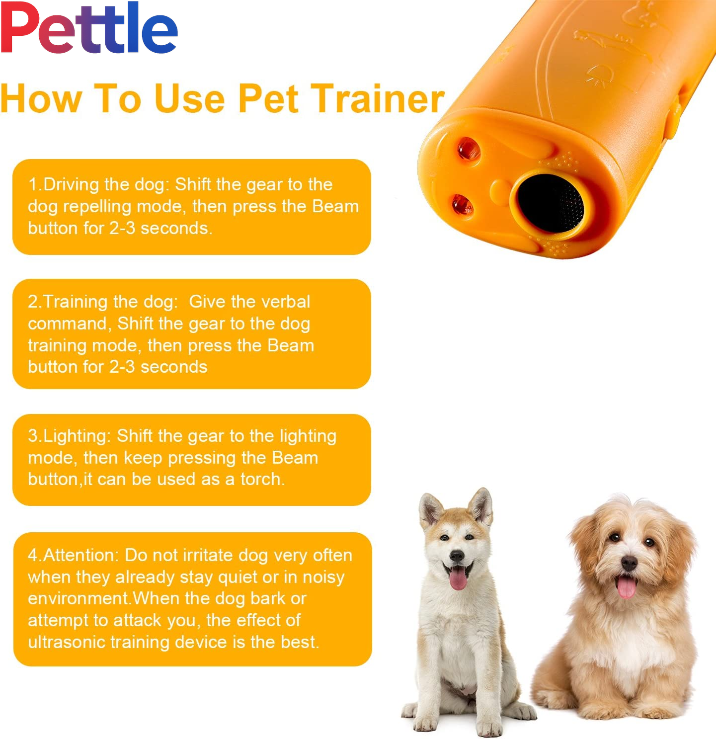 LED Ultrasonic Dog Repeller and Trainer Device 3 in 1 anti Barking Stop Bark Handheld Dog Training Device (Yellow)